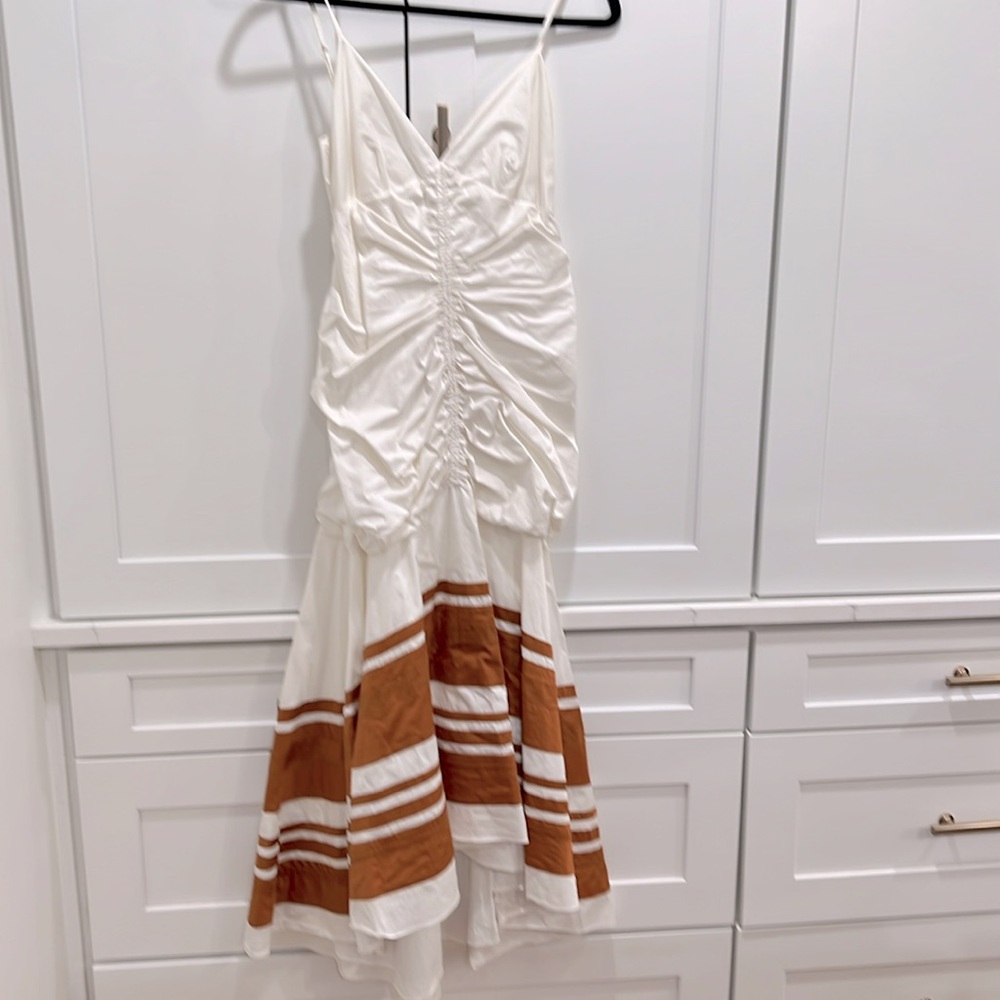 Veronica Beard White and Rust Striped Halter Dress. - Picture 2 of 4